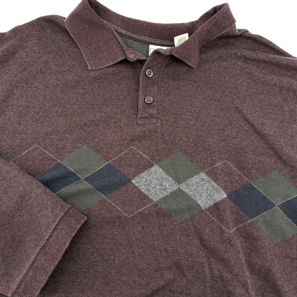 LL Bean Argyle Sweater Mens XL Heather Maroon Made In USA Pullover Polo Casual